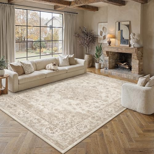 PureCozy Beige Area Rug 8x10 Living Room Neutral Vintage Non-Slip Carpet - Image 2