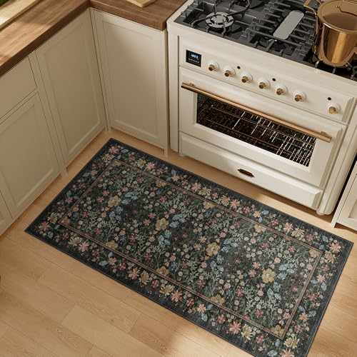 DUKINO 2x4 Rug, Washable Vintage Floral Bathroom Runner Rug, Black - Image 5