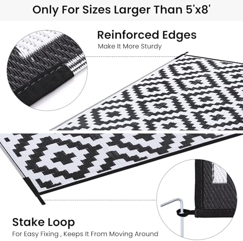 Smiry Outdoor Rug 9x18 ft Waterproof Reversible Boho Mat, Black & White - Image 4
