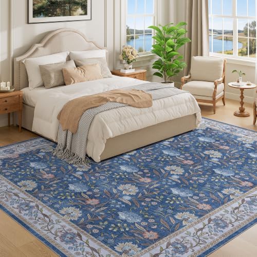 DUKINO 8x10 Area Rug Vintage Floral Washable Rug for Living Room, Sky Blue - Image 3