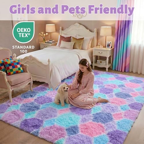 Checkered 6x9 Area Rugs for Living Room, Fluffy Purple Rainbow Girls Rug - Image 6