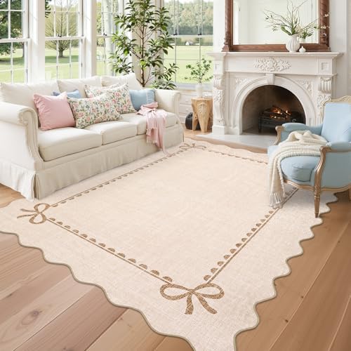 GarveeHome Scalloped Bow Rug 9x12 Washable Beige Rug for Living Room by GarveeHome