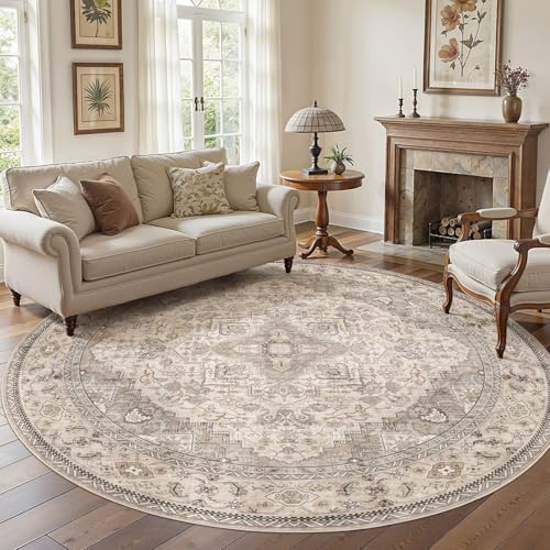 EIEIHOUSE Washable 8ft Round Area Rugs for Living Room Brown/Multi by EIEIHOUSE