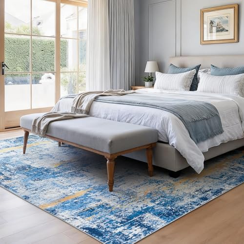 Rugflix 5x7 Area Rugs for Living Room, Washable Sky Blue Gold Large Rug - Image 2