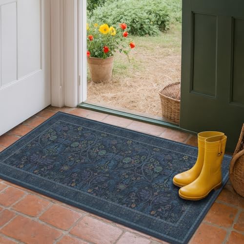 Washable 2x4 Entryway Rugs, Oriental Floral Small Blue Kitchen Rugs, Thin Bathroom Rugs Fit Under Door, Low Pile & Soft Carpet for Mudroom, Bedside - Image 6