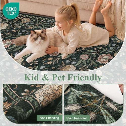 DUKINO 2x4 Rug, Washable Vintage Floral Entryway Rug Non Slip, Dark Green - Image 4