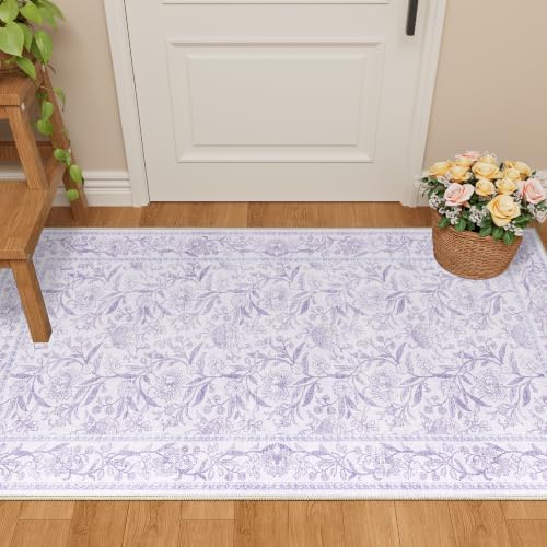 DUKINO 2x4 Rug, Washable Vintage Floral Entryway Rug Non Slip, Purple - Image 5