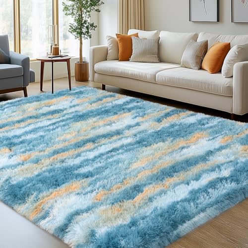 8x10 Abstract Blue Fluffy Rug for Bedroom Living Room Washable Non-Slip by WISHTREE