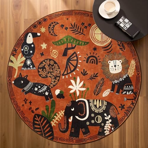 jinchan 5ft Cute Round Rug Kids Washable Fun Rug Terracotta Boho Jungle Mat - Image 2