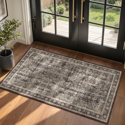 Washable Small Door Rug 2'x4', Vintage MCM, Black/Brown/Beige by Jainmy