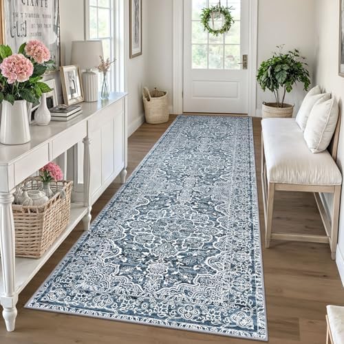 KUTA Vintage Washable Rug Runners 3x10 Blue White Long Hall Rug 10ft by KUTA