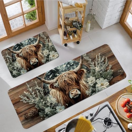 Farmhouse Kitchen Rugs Sets of 2 Non Slip Washable, Rustic Country Highland Cow Kitchen Mats for Floor 2 Piece Home Decor - Image 6