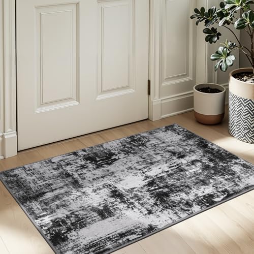 Rugflix 3x5 Entrance Rugs, Washable Black Grey Dark Entry Small Rug by RugflixAreaRugs