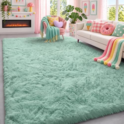 Sage Green Rugs for Bedroom Kid Room 3x5 Ft Shaggy Rug Plush Bedside Carpet by PAGISOFE