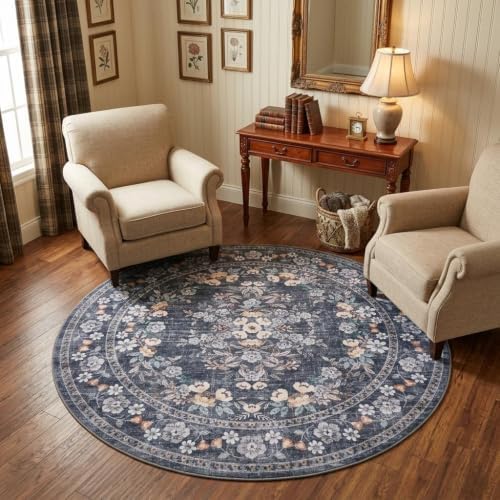 GarveeHome 6ft Large Round Rug for Living Room Distressed Floral Carpet by GarveeHome