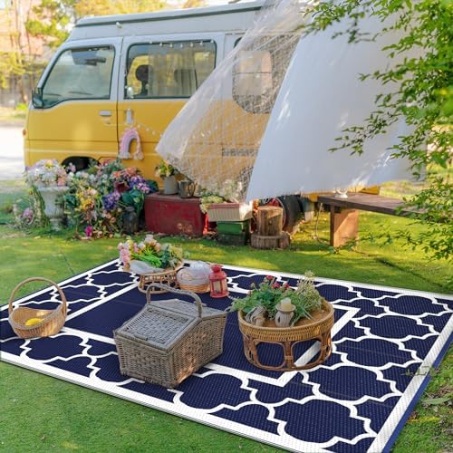 GENIMO Outdoor Rug, Waterproof Plastic Rugs for Patio, 6'x9' Blue White - Image 3