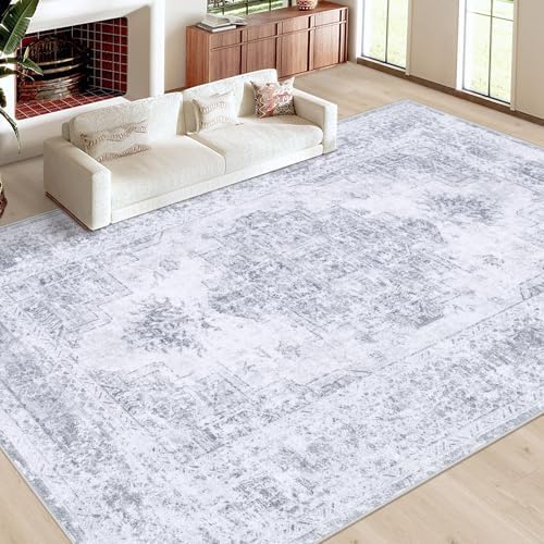XLUEZ Area Rug 10x12 Living Room Rugs, Machine Washable Vintage Distressed Medallion Rug Non-Slip Soft Low Pile Large Indoor Rugs for Bedroom Kitchen Dining Room Office(Light Grey,10'x12') - Image 2