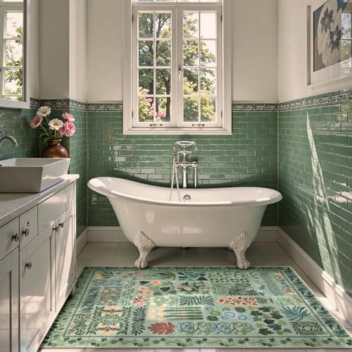 Zealude Floral Boho 3x5 Sage Green Bathroom Rugs, Washable Botanical Area Rugs for Entryway Bedroom, Non Slip Kitchen Floor Mat Indoor Throw Carpet for Laundry Living Room (Green,3 x 5) - Image 5