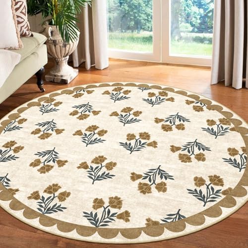 Beige Boho Round Rug 5ft - Soft Washable Floral French Country Scalloped Circle Rug for Bedroom Non Slip 5x5 Stain Resistant Round Area Rug for Living Room Dining Room Kids Room Playroom Foyer by Othilic