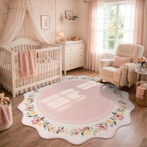 Lahome Round Girls Bedroom Rug 6ft, Pink Floral Area Rug - Image 3