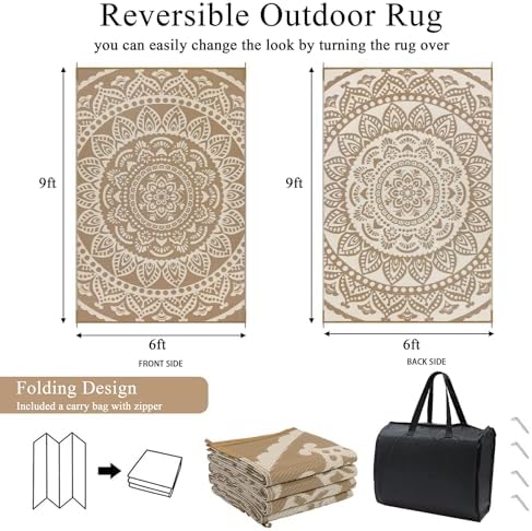 Bsmathom Waterproof Outdoor Rug 6'x9' Reversible Boho Plastic Straw Patio Deck Camping Rugs, Indoor Outdoor Portable RV Mat Clearance Carpet for Outside, Porch, Balcony, Backyard, Beach, Pool,Brown - Image 2