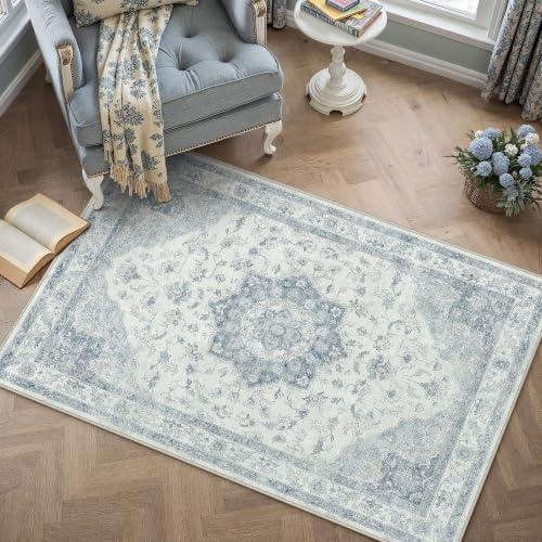 PureCozy Blue 3x4 Washable Area Rug Entryway Vintage Oriental Doormat by PureCozy