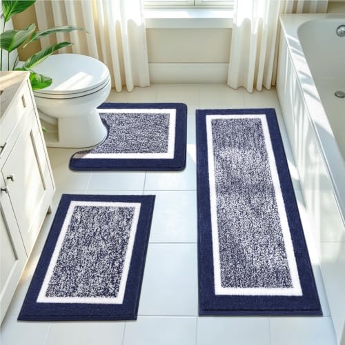 Pauwer Bathroom Rugs 3 Piece Set, Non Slip Washable Bath Mat, Navy by Pauwer