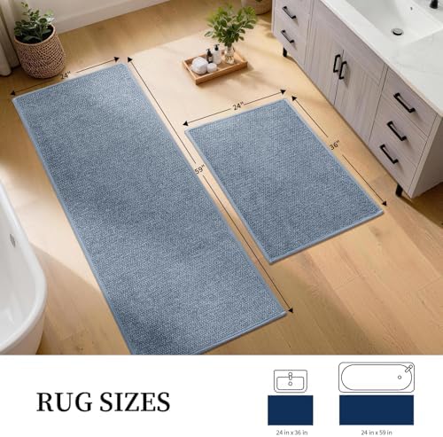 YIHOUSE Long Large Bathroom Rugs Sets 2 Piece, Quick Dry Thin Bath Mat, Non Slip Absorbent Machine Washable, Bath Runner Rug for Tub Sink Home Decor (24"x36" + 24"x59",Navy Blue) - Image 2