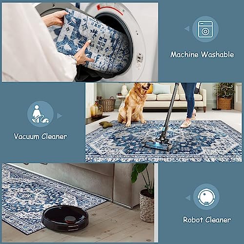 Moynesa Ultra-Thin Washable Runner Rug - 2x6 Blue Laundry Room Rug Washable Kitchen Runners Bathroom Carpet Runner, Oriental Printed Pet Friendly Hallway Runners for Bedroom Entrance Entryway RV - Image 4