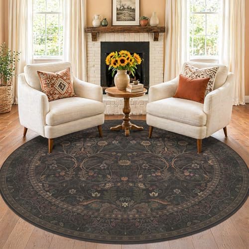 Washable 8ft Large Round Area Rug for Living Room, Black and Brown Moody Floral Circle Carpet, Cottagecore Aesthetic Floor Rug for Bedroom, Non-Slip Stain Resistant Carpet for Dining Room by Evyhood