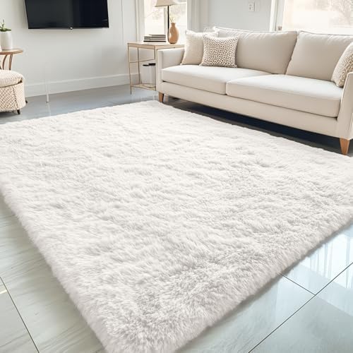 OLANLY 5x7 Machine Washable Large Area Rugs for Living Room, Bedroom, Soft Fluffy Shaggy Bedside Rug, Indoor Floor Carpet for Kids Girls and Boys, Dorms, Nursery, Home Decor Aesthetic, Ivory by OLANLY