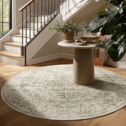 6ft Washable Round Rugs for Bedroom: Circle Living Room Rug Vintage Non Slip Low Pile Soft Faux Wool Non Shedding Boho Circular Rug for Entryway Kitchen Bathroom Office College Dorm Nursery Indoor - Image 3