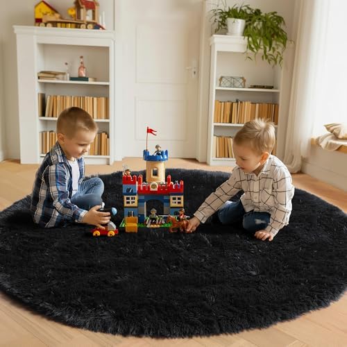 ONASAR Black Round Rugs 7ft for Living Room, Fluffy Bedroom Circle Area Rug, Soft Plush Shaggy Carpet for Kids Girls Boys Teen Nursery Dorm Classroom Playroom Home Decor Aesthetic - Image 4