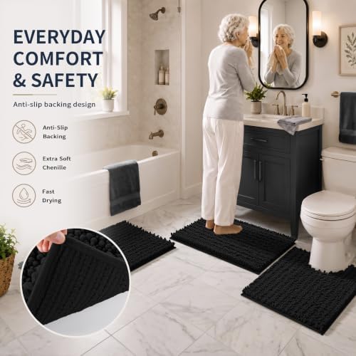 Yimobra Black Bathroom Rug Set 3 Piece, Super Water Absorbent Bath Mat Set - Image 5