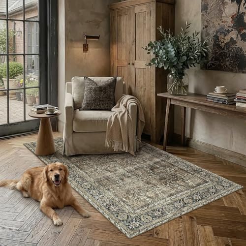 PureCozy Brown Small Area Rug 4x6 Vintage Traditional Distressed by PureCozy