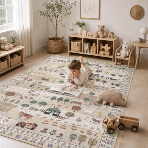 Machine Washable Area Rug 6x9, Soft Whimsical Rug, Vintage Farmhouse Beige - Image 3