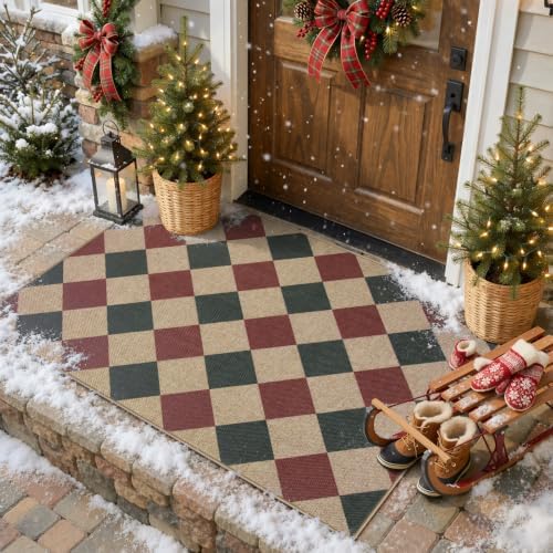 Lahome Christmas Rug, 3x5 Outdoor Christmas Decor Rugs for Porch Entryway, Checkered Red and Green Non Slip Non Shedding Xmas Decorations for Kitchen Front Door - Image 2