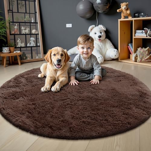 OLANLY Coffee Round Rugs for Bedroom - Machine Washable, 8 ft Circle Area Rugs for Living Room, Soft and Fluffy Shaggy Carpet for Teen Girls and Boys, Nursery Rooms, Dorms, Home Decor Aesthetic - Image 2
