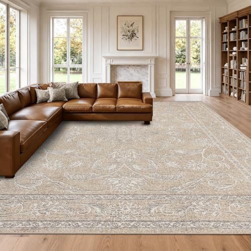 RCTJHOME 9x12 Beige Grey Vintage Floral Washable Area Rug Non-Slip Carpet - Image 2