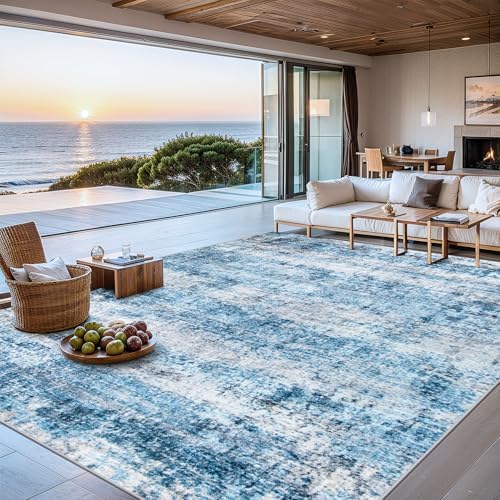 PLHXFR 8x10 Area Rug Living Room: Modern Abstract Washable Carpet Blue by PLHXFRSoftAreaRugs
