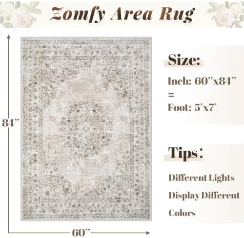 Area Rug 5x7 Vintage Rug: Washable Indoor Medallion Rugs Low Pile Distressed Floor Carpet Retro Accent Rug for Living Room Bedroom Kitchen Dining Table Home Office(Distressed Taupe, 5'x7') - Image 2