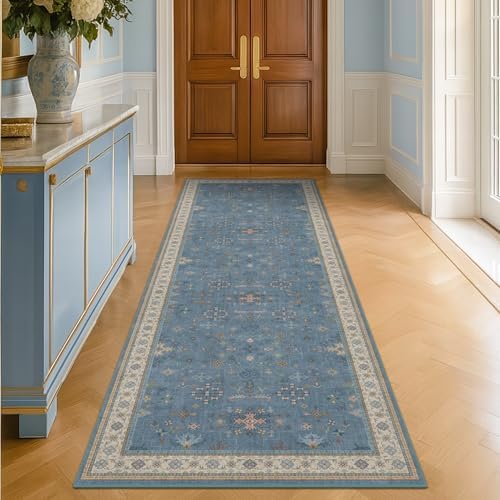 Blue Boho 2'6''x8' Wide Hallway Runner Rug - Washable Kitchen Sink Rug, Non Slip 8ft Long Runner Rug for Entryway, Colorful Modern Floral Print Home Décor by HazoHaus