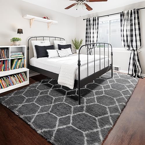 7x9 Area Rugs for Living Room Bedroom, Fluffy Grey and White Geometric Rug - Image 6