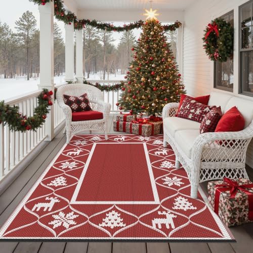 GENIMO Outdoor Rug, Waterproof Plastic Rugs for Patio, 6'x9' Lvory Red - Image 5