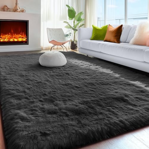 Fluffy Bedroom Rugs Black Neutral Living Room Area Rug Shaggy Carpet 4x6 Ft by PAGISOFE