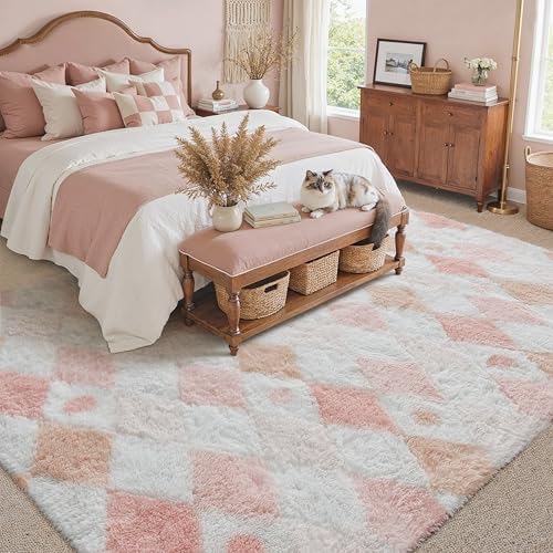 PureCozy Pink 8x10 Area Rug for Living Room Soft Checkered Shag Carpet - Image 3