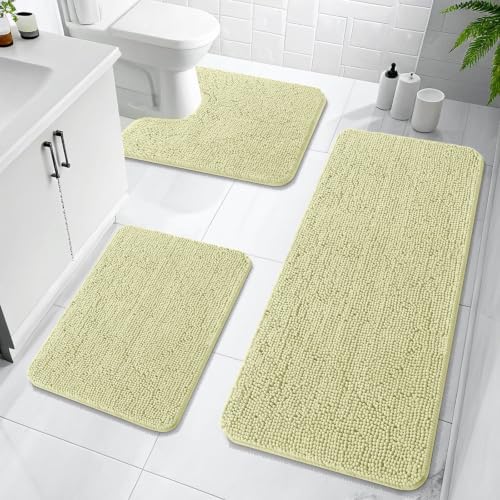 OLANLY Chenille Bathroom Rugs Set 3 Piece, 47"x20"+24"x16"+24"x20", Vanilla by OLANLY