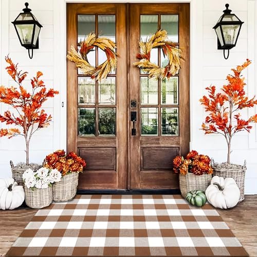 Homydecor Buffalo Plaid Outdoor Rugs, 4'x6' Coffe and White Checkered Area Rug, Layering Rug for Hello/Welcome Door Mat, Washable Cotton Woven Farmhouse Mat for Front Porch Décor - Image 7