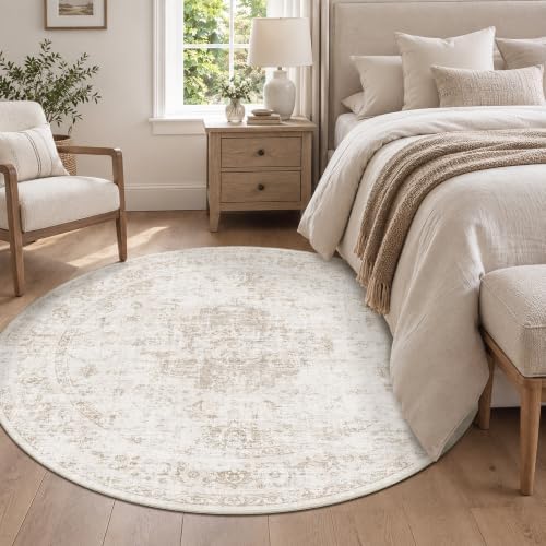 Washable 6ft Round Dorm Rug Soft Medallion Neutral Beige Throw Carpet - Image 2