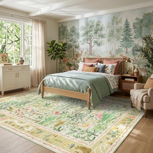 4x6 Whimsical Safari Nursery Area Rug Washable Non Slip Small Living Room Rugs Low Pile Animal Print Girs Bedroom Green Throw Carpet Forest Fairy Tale Area Rugs for Entry Kids Room, Sage Green - Image 4